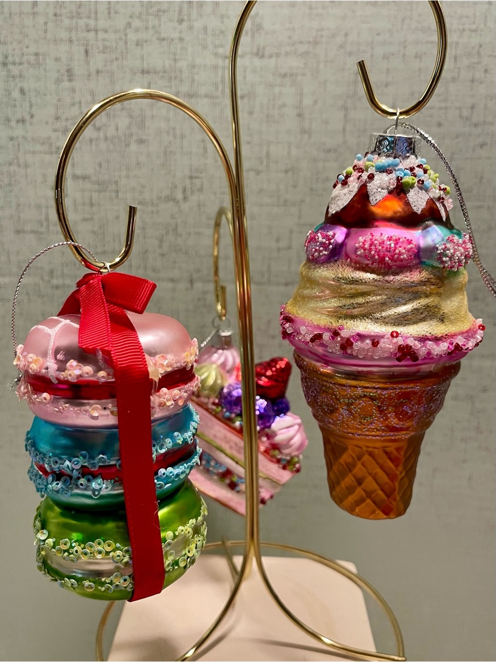 Colorful Macaron Stack, Cake Slice and Ice Cream Cone Glass Ornaments